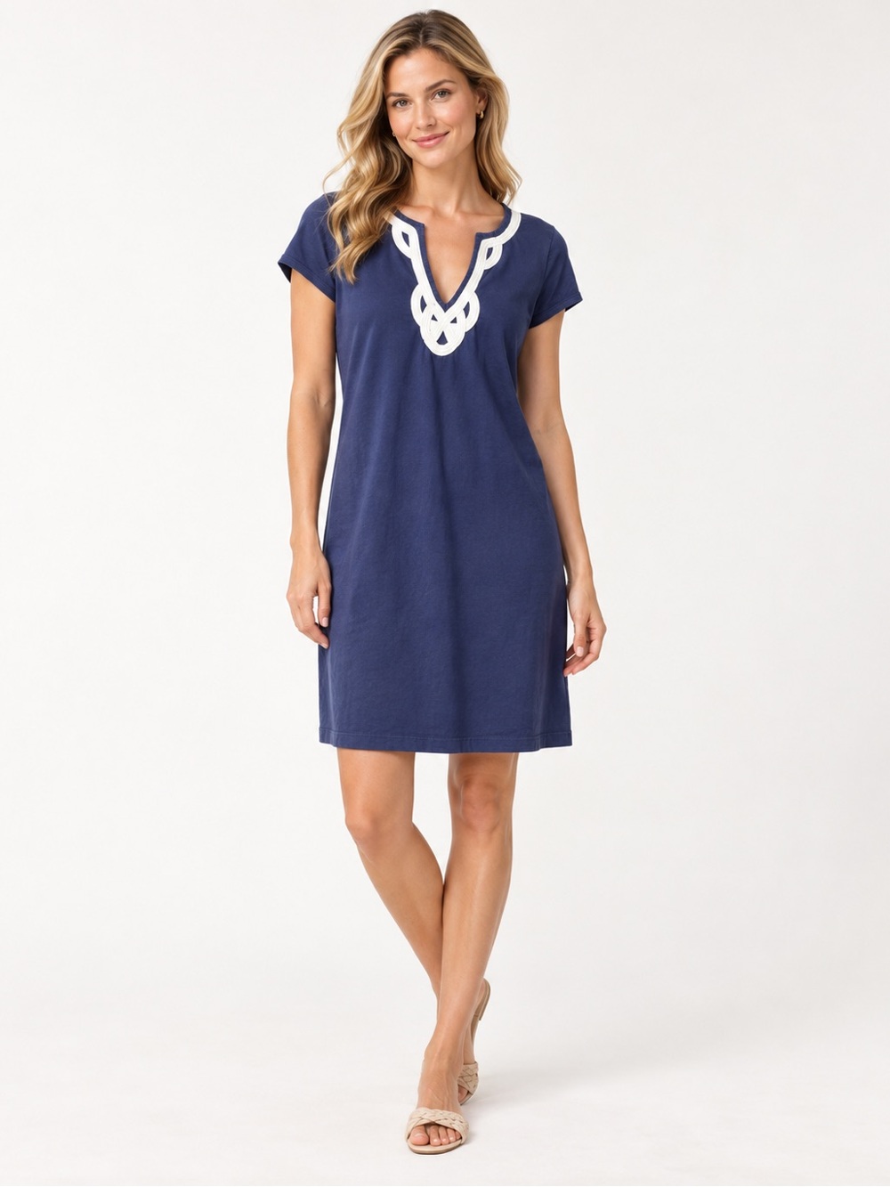 Lilly Pulitzer Navy Blue Pima Cotton Shift Dress White Soutache Trim Size L